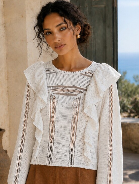 Sezane Tops - Sézane Line Blouse Ecru 38 M Cotton Lace Ruffle Romantic Top